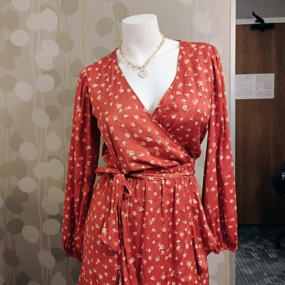 LC Lauren Conrad Orange Wrap Sundress with Bishop Sleeves